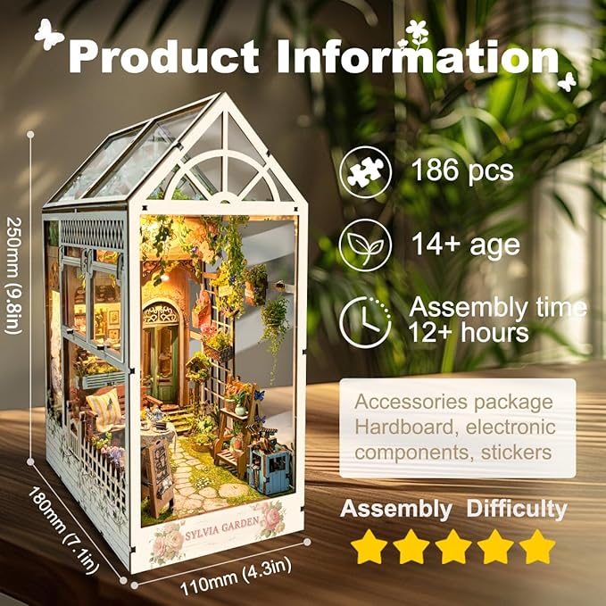 DIY Dollhouse Kit for Adults 2D Stereo Assembly Night Light Sensing Wooden Bookend Jigsaw Building Model (Sylvia Garden)