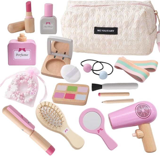 SMARTWO Wooden Makeup Toy Set for Toddler,Kids Pretend Play,Children Role Play Toys,Fake Cosmetics Salon Toys,Princess Dressup Accessories with Bag Birthday Gift for Girls 3 4 5 6