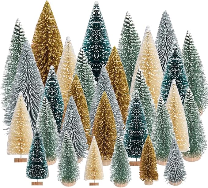 Yahpetes Artificial Mini Christmas Trees, 30 Pcs Sisal Snow Pines in 5 Sizes, Crafting Displaying Decoration, Tabletop Xmas Tree for Home, Party