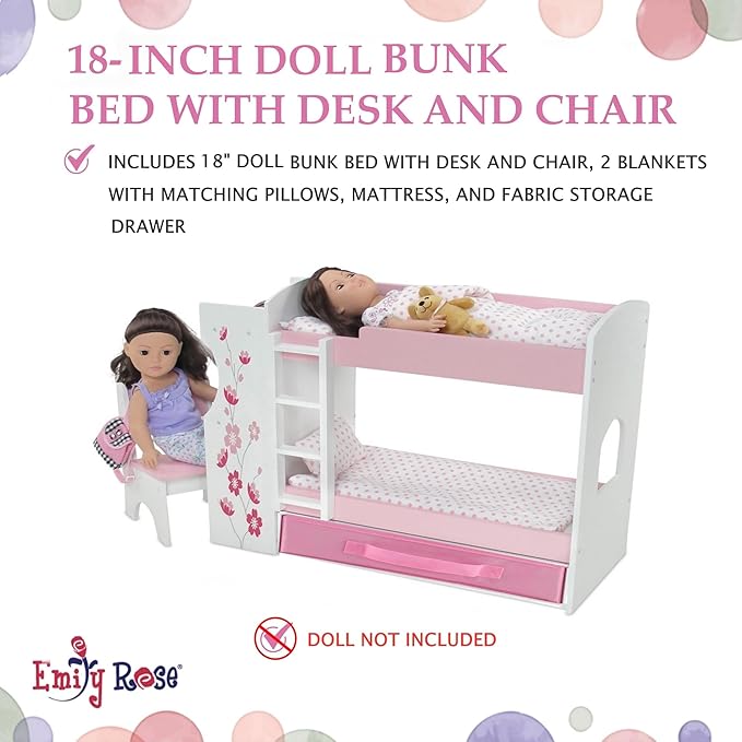 Emily Rose 18 Inch Doll Bunk Bed Set with Desk and Storage - Wooden Dollhouse Furniture with Bedding & Ladder - Compatible with American Girl, Our Generation, My Life As & Adora