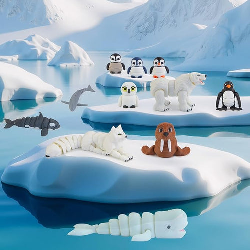 14PCS 3D Printed Arctic Animals Figurines Toys, Realistic Polar Animal Articulated Bath Toys with Polar Bear Fox Penguin Orca Cake Toppers Christmas Birthday Toy Gift for Toddlers Kids