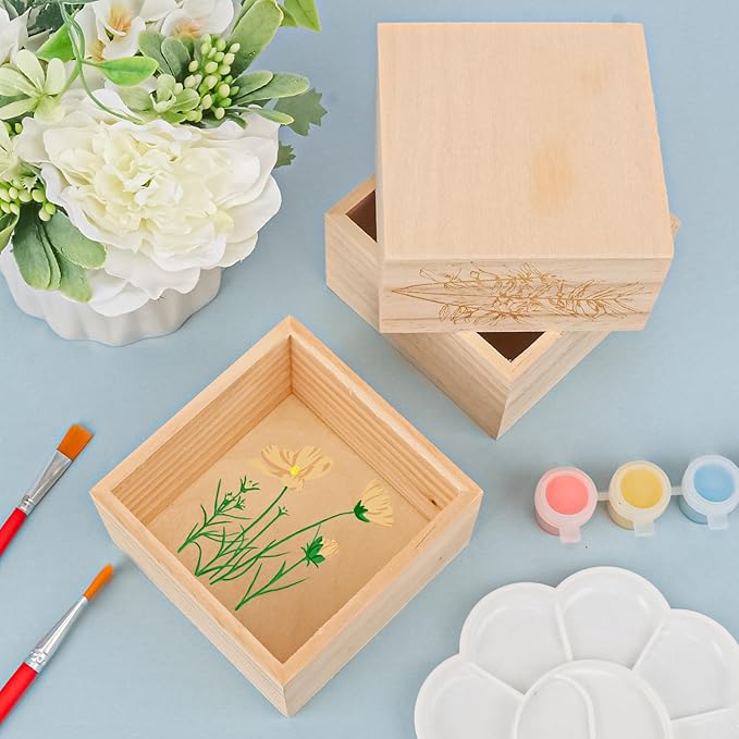 16 Pack 4 x 4 Inches Unfinished Wooden Boxes, Small Unfinished Square Wood Box Bulk, Small Wooden Box for Art Collectibles, Jewelry Storage, Home Decor, Succulent Plant Pot