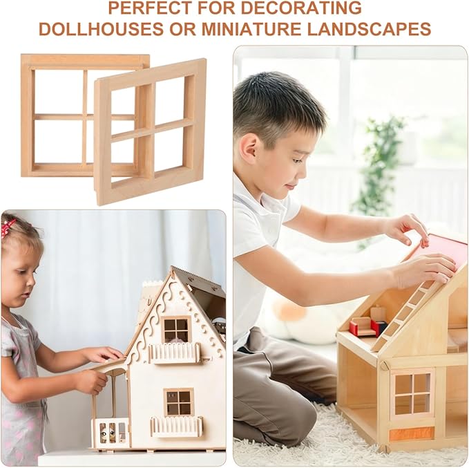 4pcs Wooden Dollhouse Windows 1:12 Scale, Miniature Window Frame Ornament Dollhouse Furniture Tiny Models for Doll Houses Decoration