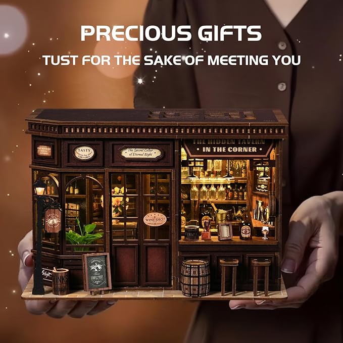 Corner Tavern Book Nook Kits for Adults - DIY Miniature Doll House Kit with LED Lights, 3D Wooden Puzzles, Teens & Beginners, Unique Gift for Book Nooks Lovers, Bookshelf Decor