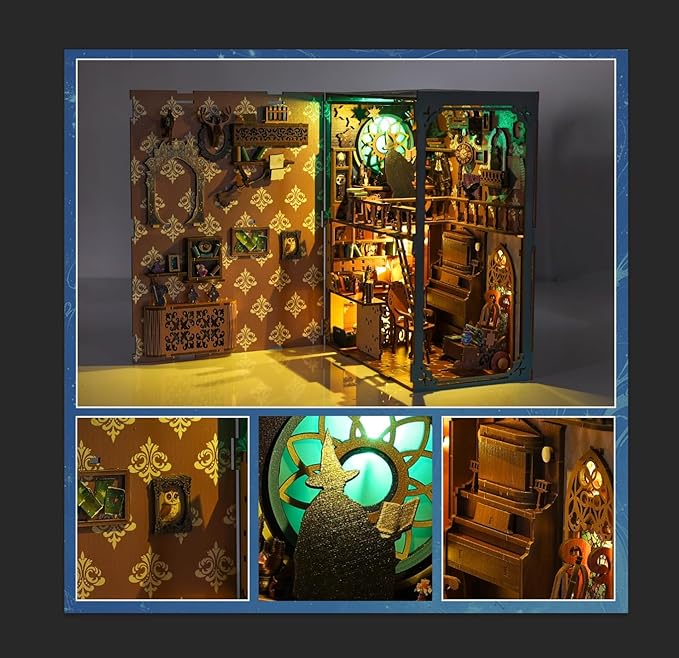 DIY Book Nook Kit Magic - Wizard and Cat Book Nook Kits for Adults, 3D Wooden Puzzle Miniature Fantasy Witch Potion Room Theme Bookshelf Decor, Creative DIY Craft for Teens
