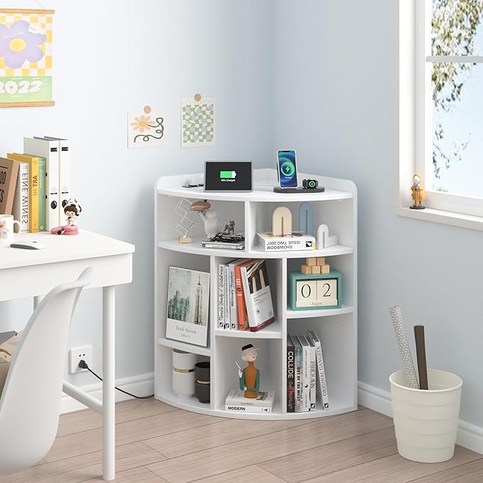 VECELO Corner Cube Shelf with USB Ports & Outlets, Modern Corner Toy Storage Rack with Adjustable Shlef, Wooden Display Bookshelf Bookcase for Living Room, Bedroom, Dining Room, Kitchen, White