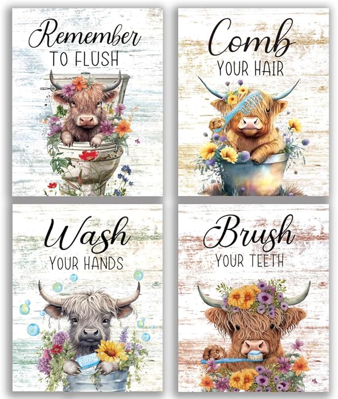 Funny Highland Cow Bathroom Rules Vintage Bathroom Wall Decor Set of 4(8"x10")Unframed, Wooden Rustic Bathroom Decor Wall Art Highland Cow Bathroom Signs Pictures Hanging Decorations for Farmhouse
