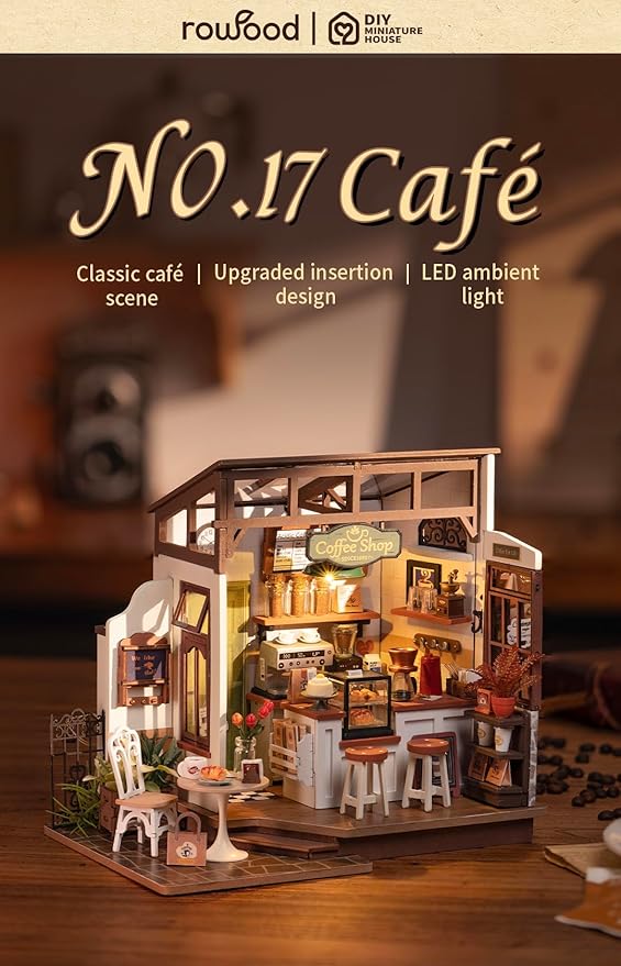 Rowood Coffee Miniature House Kit, DIY Miniature Dollhouse Kits Gifts for Adults to Build, Mayberry Street Miniatures, Wooden Adults Crafts, Mini Model Kits with LED, Birthday for Adult(NO.17 Cafe)