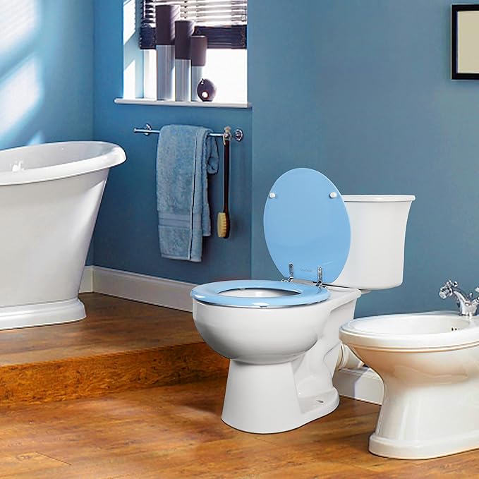 Blue Round Toilet Seat Natural Wood Toilet Seat with Zinc Alloy Hinges, Easy to Install also Easy to Clean, Scratch Resistant Toilet Seat by Angol Shiold (Round, Blue)