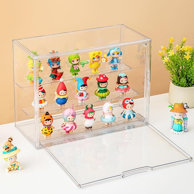 2 Pack Acrylic Display Cases for Collectibles, Clear Display Case for Figures, 3 Tier Display Shelf Boxes Miniature Display Case, Dustproof and Stackable Action Figure Display Cases (2, Large)