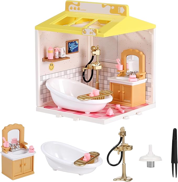 DIY Miniature House Play Kit,Playhouse Toys for Boys and Girls, Home Scene Toys, Suitable for Children Aged 345678, immersive Experience of Life Scenes (Sweet Bubbles Bathroom)
