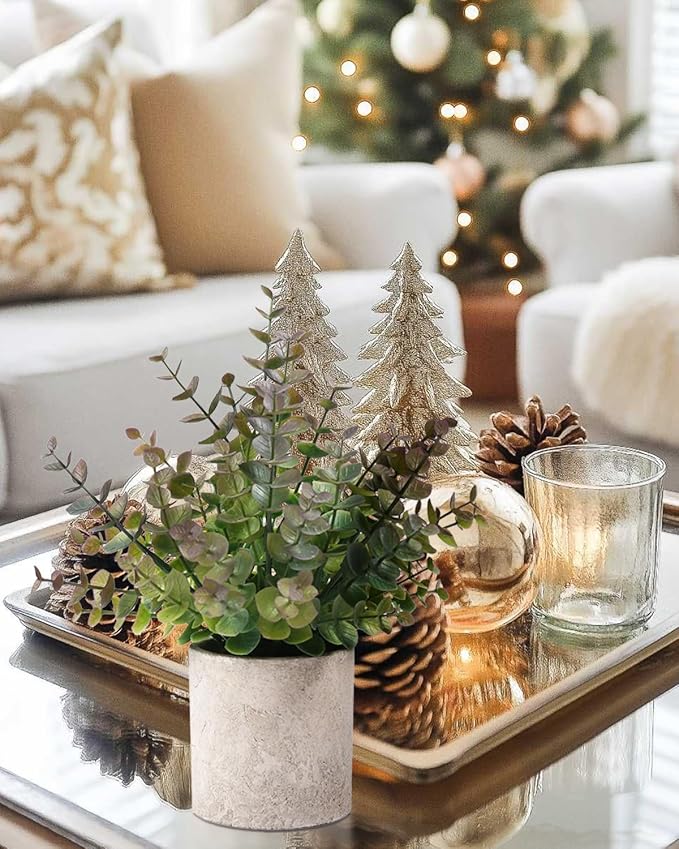 Coferset 2 Pack Small Fake Plants Christmas Greenery Eucalyptus Potted Artificial Plants for Shelf Desk Home Bathroom Farmhouse Room Coffee Table Decor Christmas Decor(Purple)