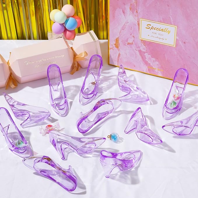 ZYFLSQ 24 Pieces Mini Plastic Cinderella Slippers 3.5 Inch Glass Heels Princess for Wedding Birthday Party Table Favors Decoration (Purple)