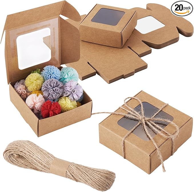 Craftdady 20pcs Small Square Brown Gift Boxes Party Favors Crafts Box with Jute String Folding Packing Boxes with Visible Window for Birthday Christmas Weddings 2.7"x2.58"x1.18"