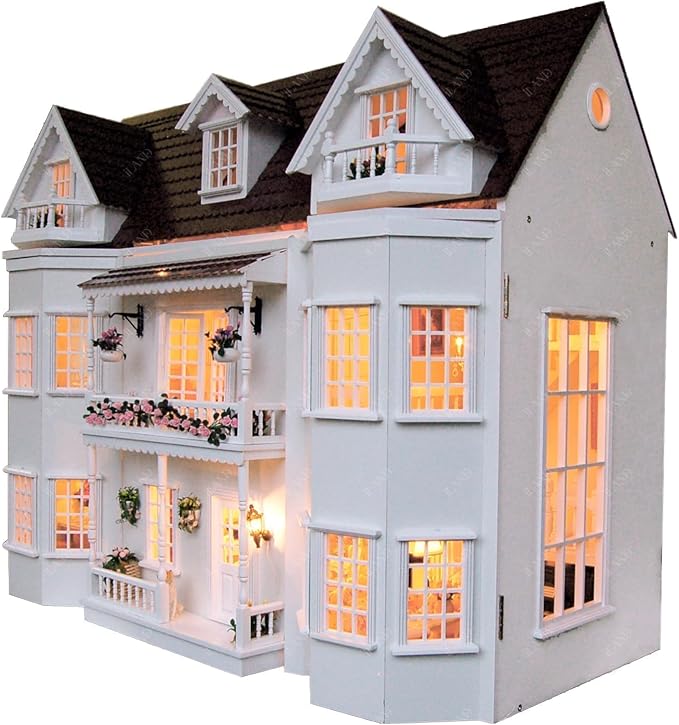 iLAND 1/12 Scale Accessories of Dollhouse Windows 4pcs, Solid Wood DIY Dollhouse Building Supplies, Complete Classic Miniature Windows Kit w/Wooden Frame & Acrylic Panel