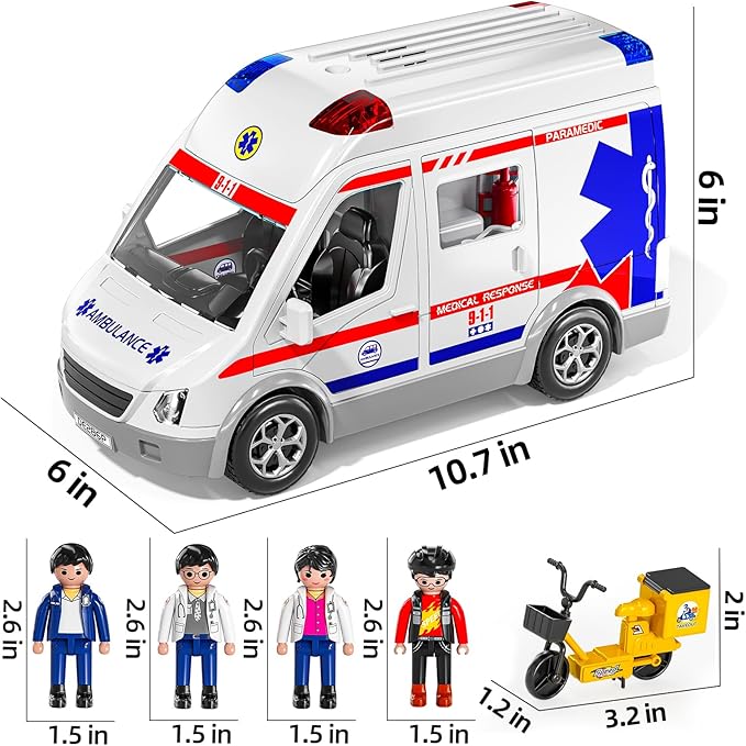 Play Ambulance Toy for Kids 3 4 5 6 7 8 Years Old - Friction Powered Truck with Light and Sound, Carrier Vehicle with Figures Toys, Gifts for Boys Girls Age 3-12