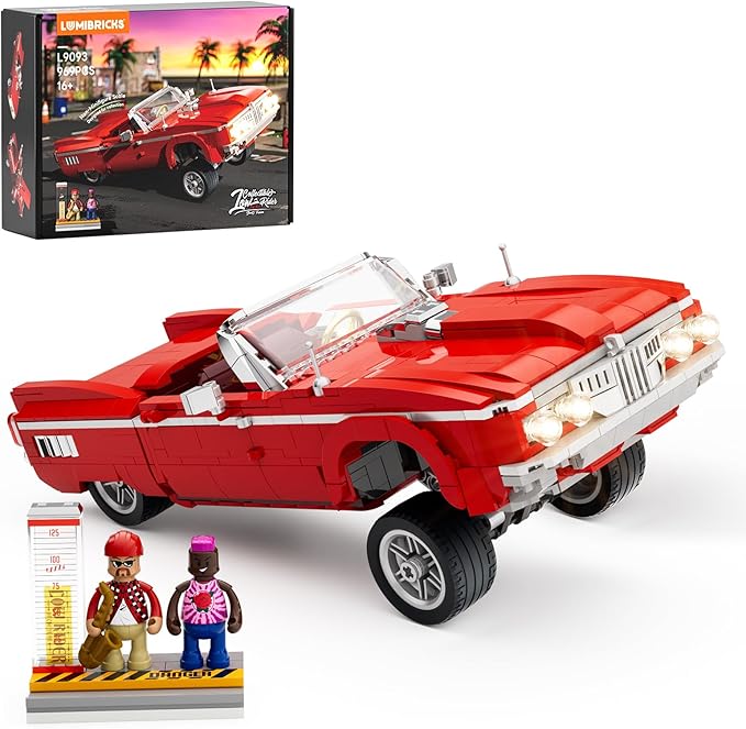 Low Rider Big Red Car Building Bricks Set - Street Fusion Vehicle Engineering Lighting Model Modular Collection Kit 969 Pcs for Adults & Teens & Car Lovers