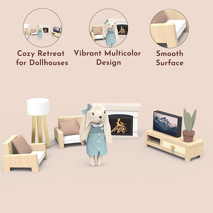 SPEEDY MONKEY Cozy Dollhouse Living Room Playset with Bunny – Miniature FSC Wooden Furniture Sofa, TV – Pretend Play Fully Furnished Farmhouse Accessories for Kid, Toddler, Girl – Doll House Decor Toy