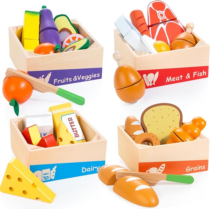 WOODMAM Wooden Play Food Set for Toddlers - Montessori Pretend Play Kitchen Toys with Color Sorting Food Groups & Cutting Fruits Vegetables for Boys & Girls Ages 3 4 5 6