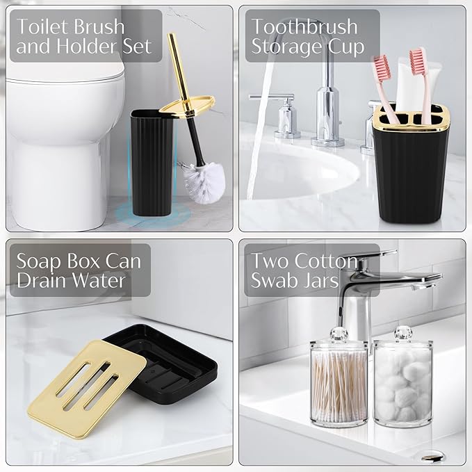 WSBArt 17PCS Bathroom Accessories Bathroom Set Black Bathroom Accessories,Toilet Brush, Trash Can, Qtip Holder Dispenser& 3PCS Soap Dispenser