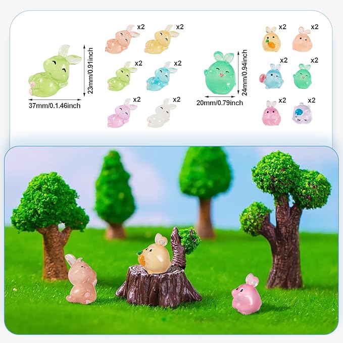 Beadthoven Luminous Mini Easter Rabbit Figurine Cute Miniature Easter Bunny Animals Ornaments for Dollhouse Fairy Garden Decoration Accessories DIY Craft Micro Landscape