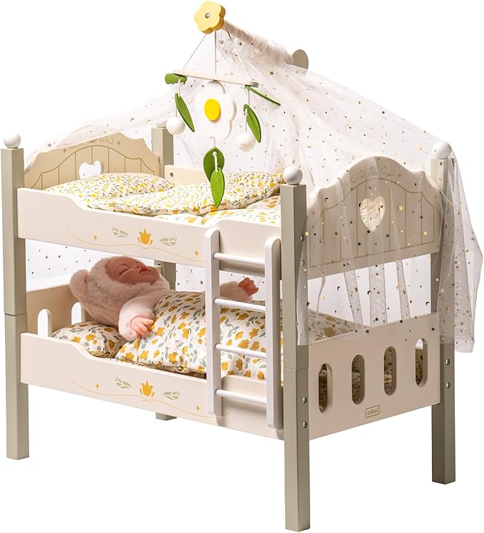 ROBUD Baby Doll Crib, Wooden Baby Doll Beds for 20 Inch Dolls, Green Baby Doll Bunk Beds with Tulle, American Girl Doll Bed for Gifts, WRP11