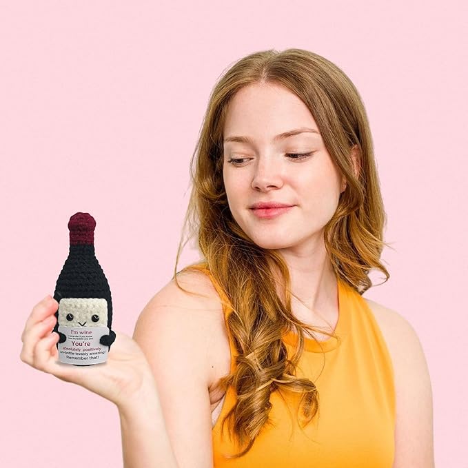 Fouliki Funny Crochet Mini Wine Bottle - Valentine's Day Gift for WineLovers,Unique Handmade Emotional Support Wine Gifts,Cute Desk & Home Decor for Him or Her,Creative w-i-n-e Themed Gift Idea