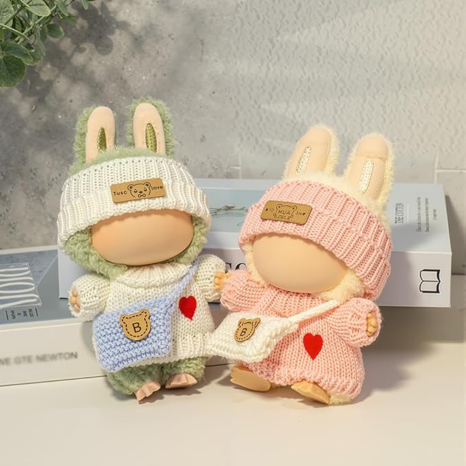 Clothes for LABUBU Doll (NO Doll), Handcrafted Crochet 3-Piece Accessories for LABUBU 17cm Dolls, Premium Outfit - Heart Sweater + Hat + Bag, Cute Clothes for Dress up Unique Style (White)