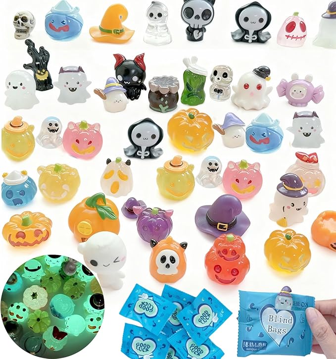 20 PCS Halloween Miniature Figurines Blind Bag Set, Glow in The Dark Dollhouse Accessories, Cute Mini Figures Mystery Bags for Halloween Decor, DIY Craft, Party Presents for Kids