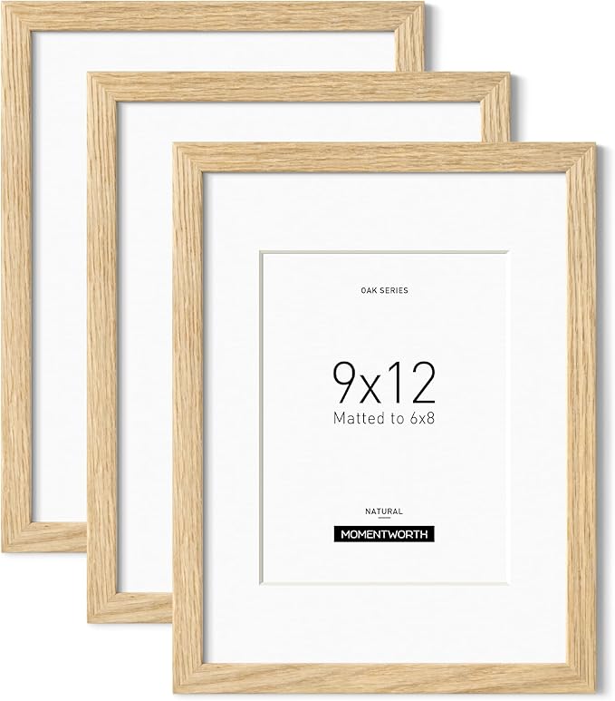 Momentworth 9x12 Frame with Mat for 6x8 set of 3, Solid Oak Wood 9x12 Picture Frame with Tempered Glass for Wall Mount(3 Pack,Oak)