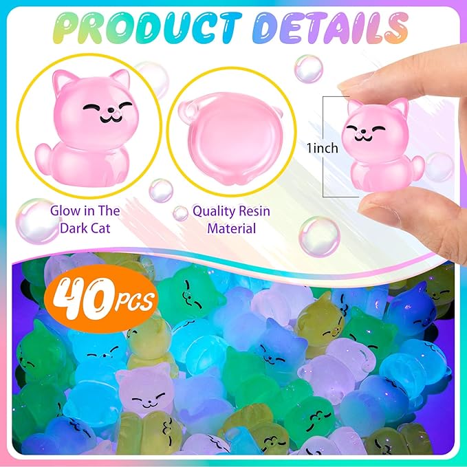 40Pcs Luminous Mini Resin Cat, Miniature Cat, Glow in The Dark Tiny Cats Ornament for Garden Landscape Aquarium Dollhouse Birthday Party Room Crafts Decor