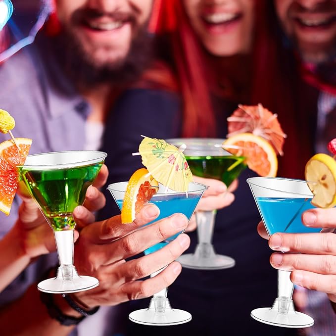 Yinkin 12 Pcs 7 oz Plastic Martini Glasses Disposable Clear Cocktail Dessert Parfait Glasses Unbreakable Mini Martini Cups for Wedding Party Bowl Wine Ice Cream (Stem)