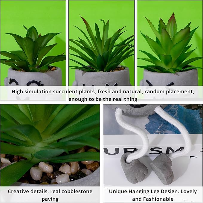LUZOGA Creative Artificial Succulent Plants with Gray Pots Mini Potted Succulents Cute Fake Plants Succulents with Hanging Leg & Emotional Cement for Home Office Desk Decor and Gift Choice