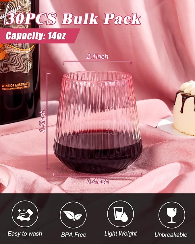 30 Pack Pink Plastic Ribbed Wine Glasses, 14 OZ Origami Stemless Disposable Wine Champagne Whiskey Glasses Unbreakable Clear Plastic Cocktail Glasses, Wine Cups for Party Wedding & Valentine's Day