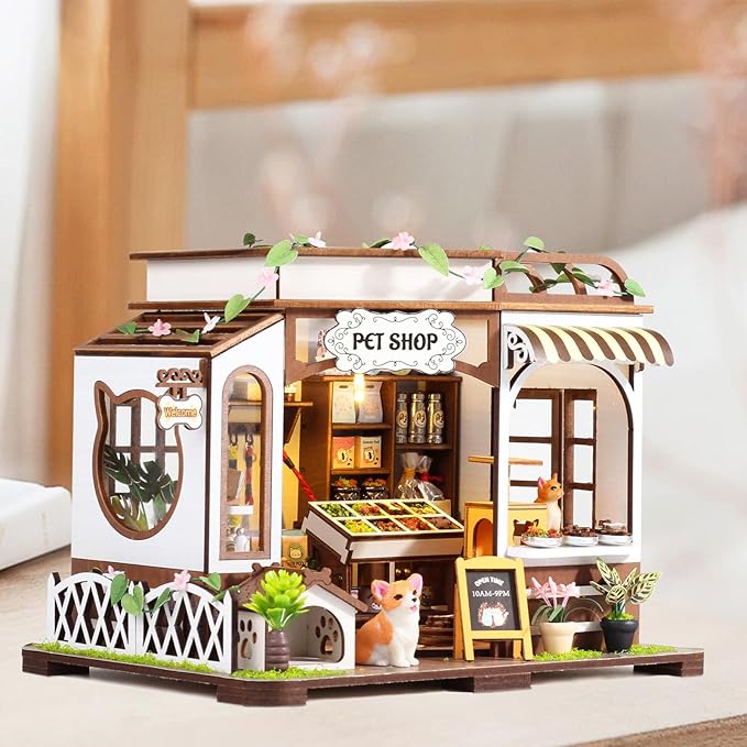 GuDoQi DIY Miniature House Kits, DIY Miniature Dollhouse Kit with Furniture, Tiny House Kits 1:24 Scale, Creative DIY Crafts for Adults, Christmas Day Birthday Gifts, Pet Shop
