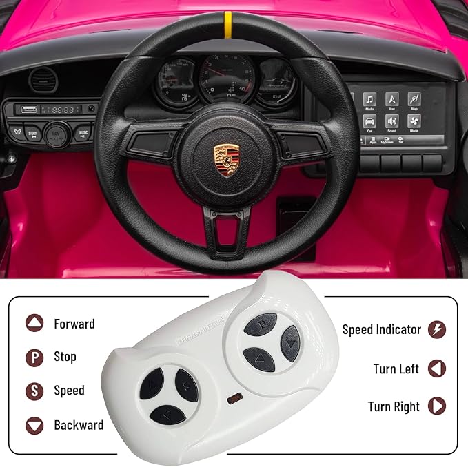 12V Ride on Car Licensed Porsche 718, Kids Electric Car with Remote Control, Front/Rear LED Light, Radio, USB/AUX, Openable Doors, Suspension Function, Durable Tires (Pink)