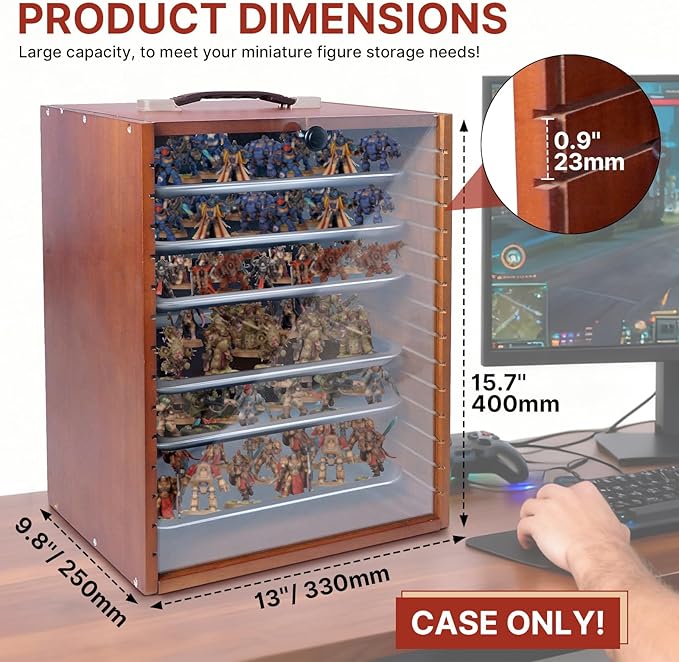 Miniature Display Case with 6 Removable Trays, Wooden Collectibles Storage Box with Clear Lid, Portable Miniatures Organizer for Tabletop Figurines & Models (Reddish Brown)