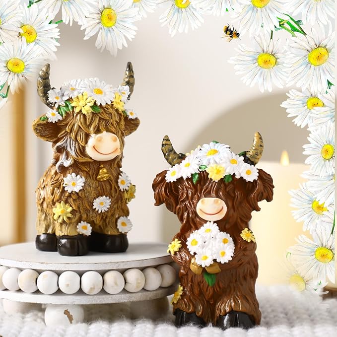 Burbell 2 Pcs Highland Cow Figurines Daisy Flower Highland Cow Gnomes Decor Resin Statue Calf Lovers Gifts for Farmhouse Home Garden Kitchen Office Tiered Tray Table Decor
