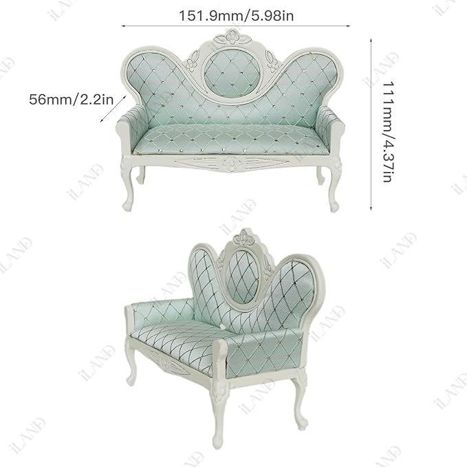 iLAND Victorian Dollhouse Furniture Set, Doll House Furniture and Accessories, Miniature Dollhouse Sofa with 1/12 Scale Accessories 8pcs, Mothers Gift, Wife Gift, Bookshelf Décor (White & Green)