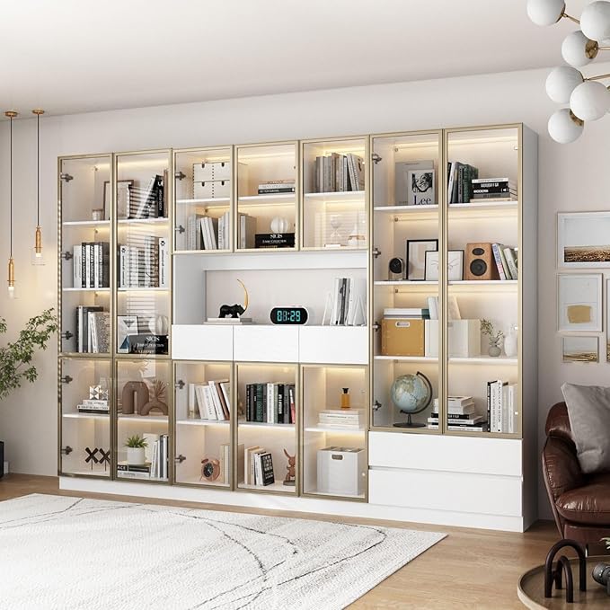 FAMAPY Display Cabinet with 2 Glass Doors and Lights, Display Case Cabinet with 4-Tier Storage Shelves and 2 Drawers, Pop-up Design, White and Champagne Gold (31.5”W x 14.2”D x 78.7”H)