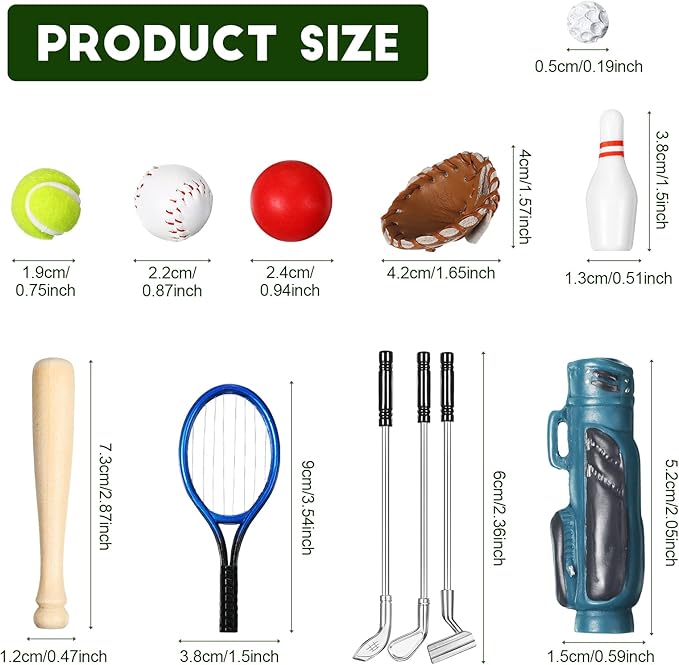 Skylety 23 Pieces Dollhouse Miniature Sports Set Mini Golf Baseball Tennis Bowling Tiny Golf Ball Clubs Ball Bats Racket Mini House Decoration Accessories for Dollhouse Collection Cake Topper Decor