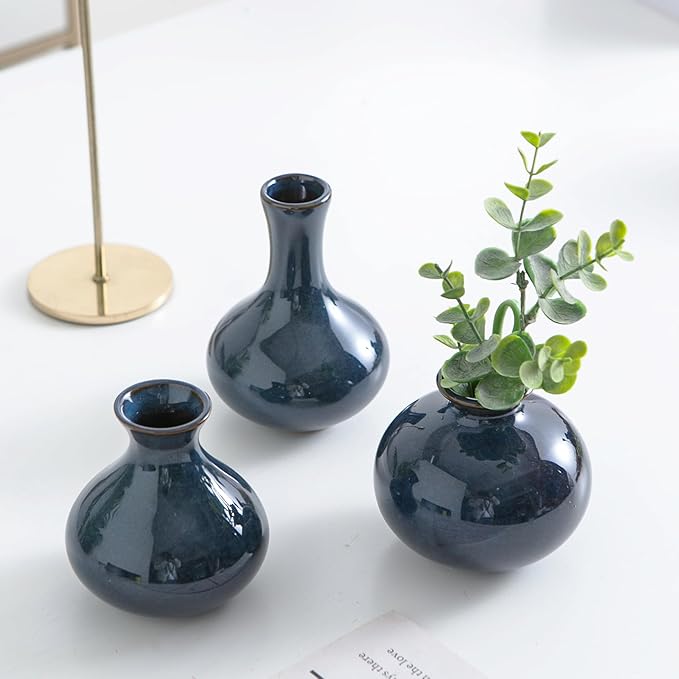 Small Ceramic Vase Set of 5, Blue Bud Vase, Boho Decorative for Fireplace, Entryway and Living Room, Centerpiece Table Decorations