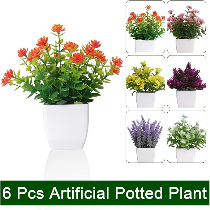 Yoratee 6pcs Artificial Pot Flowers Small Fake Plants with Pot Mini Potted Plants for House Office Tabletop Decoration