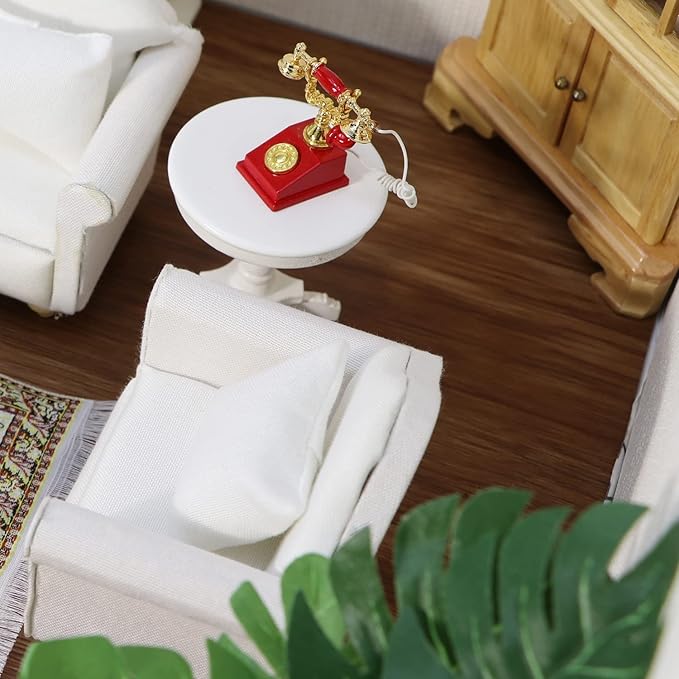 Dollhouse Couch Miniature Furniture Sofa with Pillows for Living Room Desktop Decoration Fabric Sofa Mini Home Scene Accessories Ornament (Single Sofa, White)