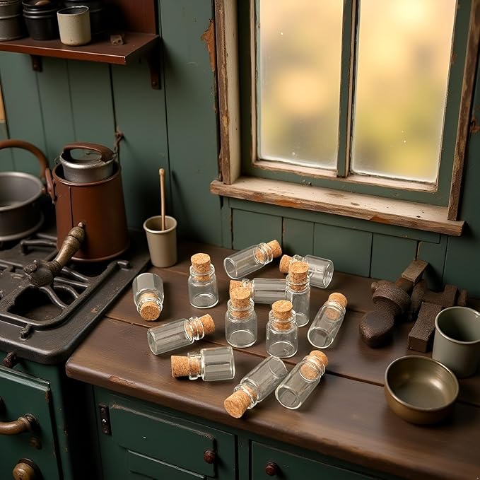 10Pcs Dollhouse Miniature Glass Jars, 1:12 Scale Food Container with Cork for Kitchen, Restaurant Accessories