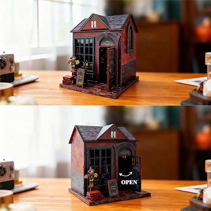 DIY Miniature House,LED Lighting Book Nook Kit Dollhouse Kit for Adult and Teens, Tiny House Bookshelf Decor 3D Wooden Puzzle, Gifts for Family, Friends,Christmas(Magic Cabin)