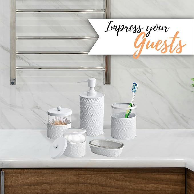 Autumn Alley White Bathroom Accessories Set, 5 Pieces, Bathroom Decor - Soap Dispenser Bathroom/Lotion Dispenser, Toothbrush Holder, 2 Glass Apothecary Jars (Qtip Holder), Soap Holder