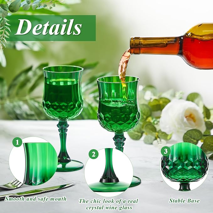 Pinkunn 12 Pcs 7 oz Plastic Vintage Wine Glasses Reusable Colored Goblets Patterned Drinking Water Glasses Cup Dishwasher Safe for Valentine's Day Wedding Reception Party Supplies (Green)