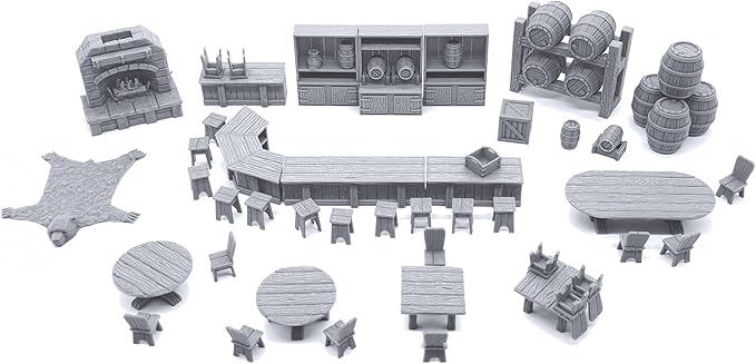 Tavern Bar Furniture Set - DND Terrain - Tabletop RPG Scenery and Wargame Terrain 28mm Miniatures
