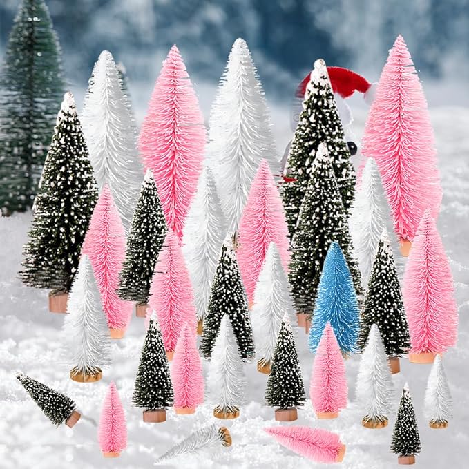 Yahpetes Artificial Mini Christmas Trees, 30 Pcs Sisal Snow Pines in 5 Sizes, Crafting Displaying Decoration, Tabletop Xmas Tree for Home, Party (Pink/White/Green)